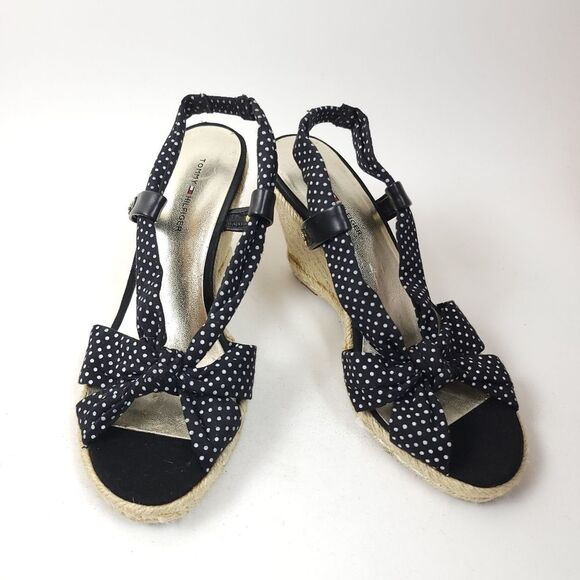 Tommy Hilfiger Straw Wedge Sandals Polka-dot bow knot tie Espadrille Size 7.5 - Picture 1 of 10